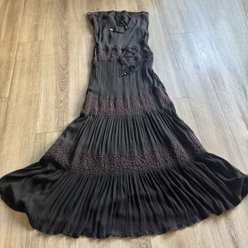 Angl Black Maxi Sun Dress Sz M Strapless Crochet Cottage Boho Gipsy Festival